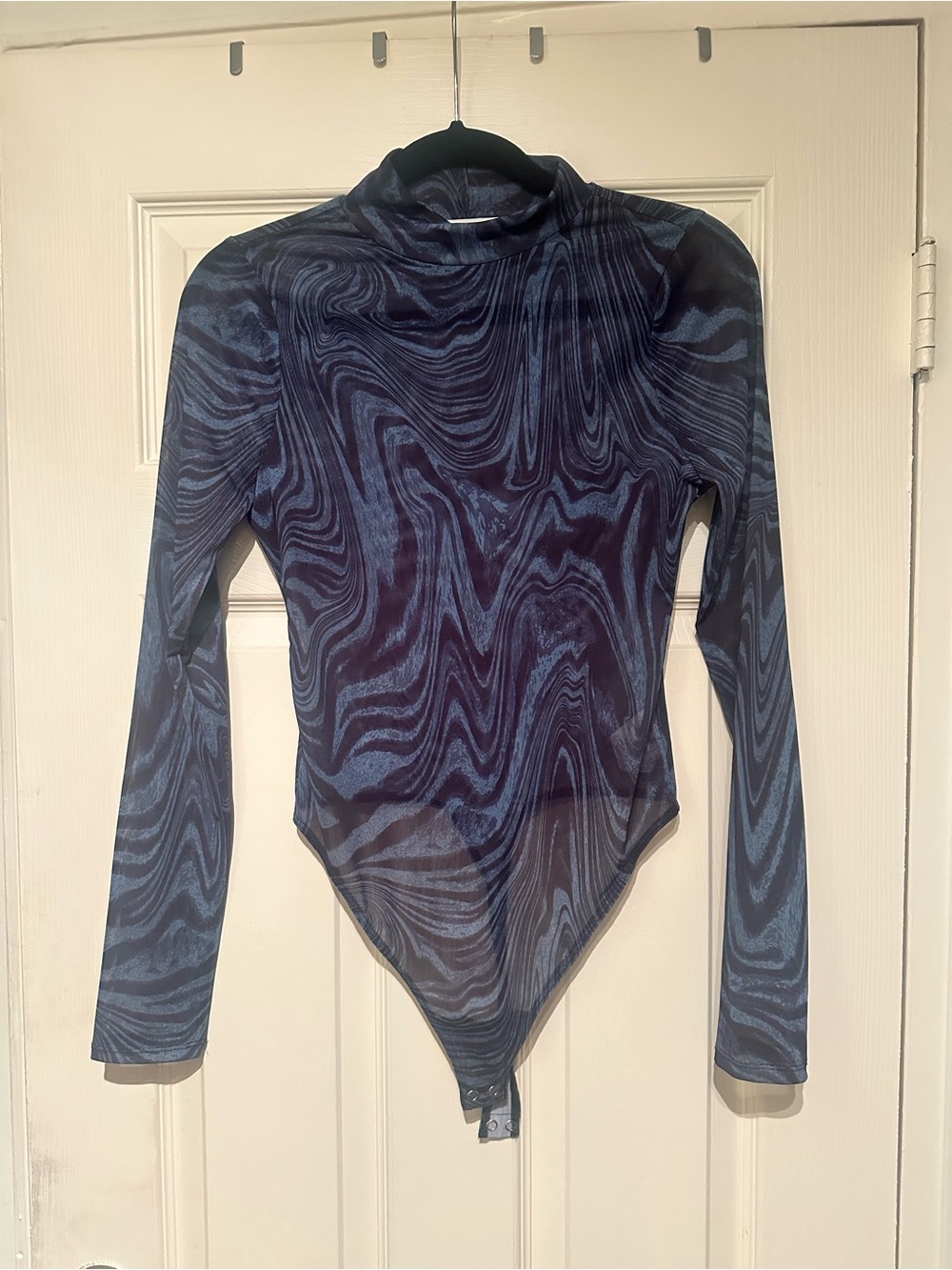 Good American Navy Marble Sheer Long Sleeve Bodysuit